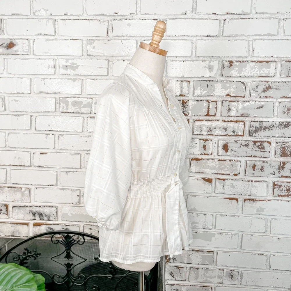 Vintage 60s 70s PepperHill White and Gold Plaid Puff Sleeve Tie Waist Button Top - Picture 5 of 9